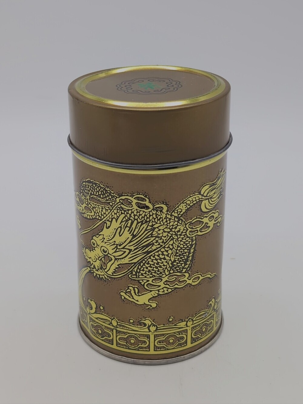 Vintage Chinese Dragon Well Green Tea Tin Lithographed Gold Dragon Longjing